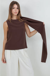 Scarf Attached Soft Woven Sleeveless Blouse
